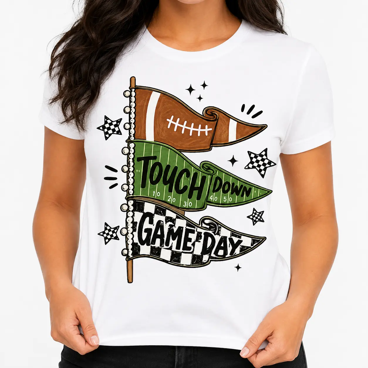 Women’s Oversized Comfortable Ghost Football Graphic Short-Sleeve T-Shirt - Vintage Checkered Flag Crew Neck, Cute Sports Fan Top for Game Day, Tailgate