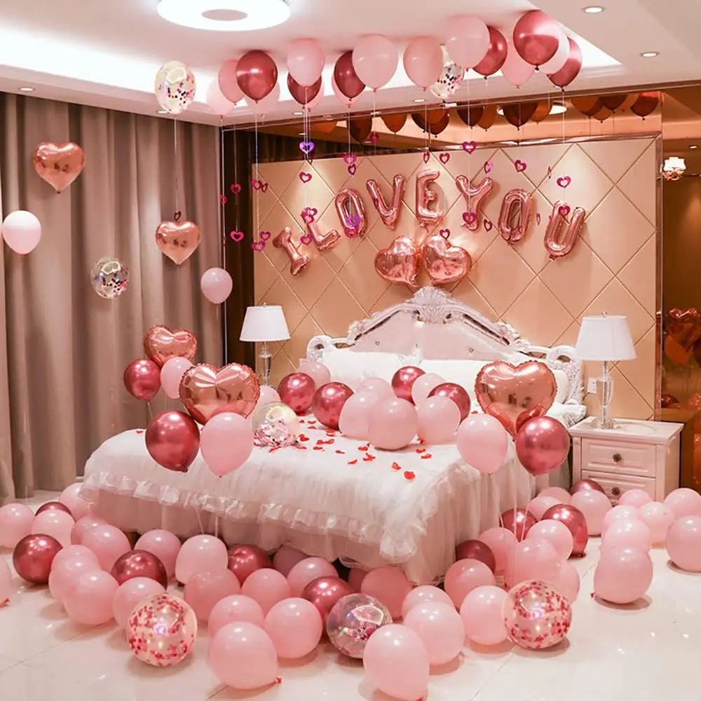 Valentines Day Balloons Kit, Rose Gold Pink Heart Balloons with Rose Petals, I Love You Balloons for Anniversary Mothers Day Wedding Romantic Decorations Special Night,VA-BA-01