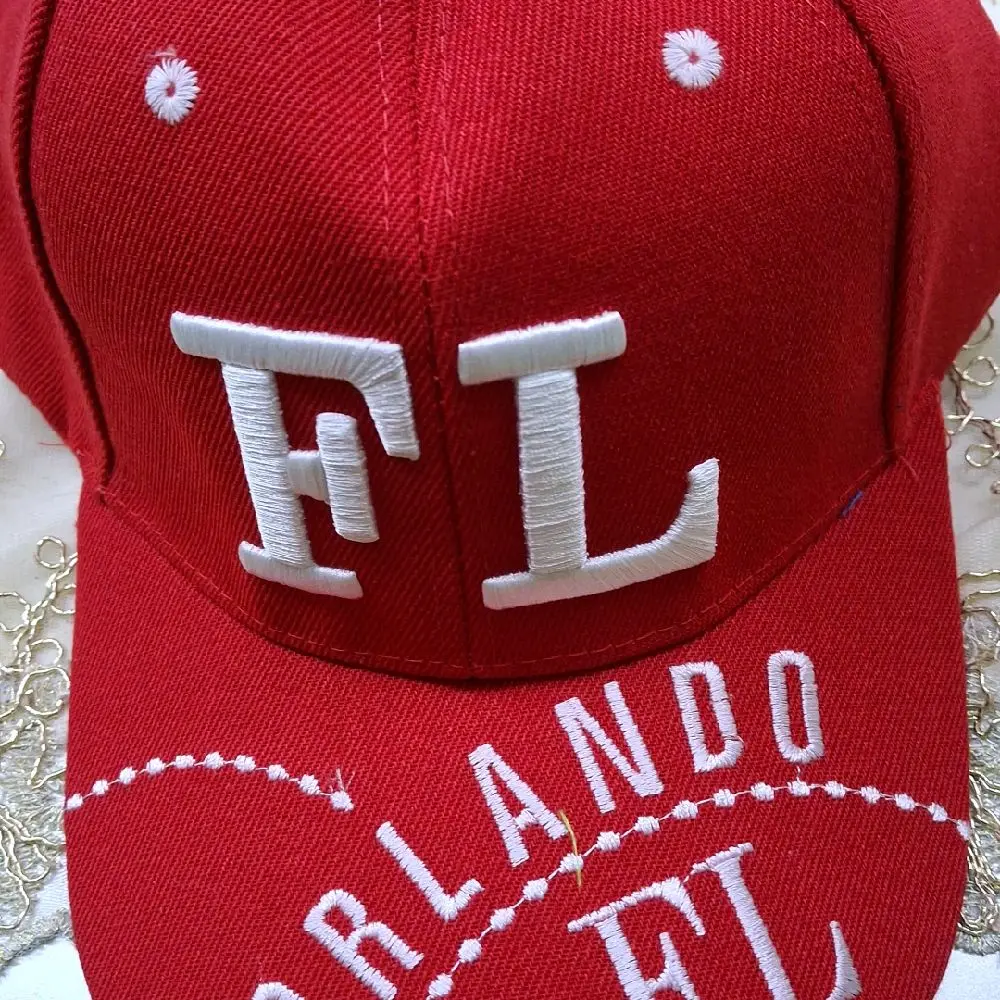 Red Orlando FL Baseball Cap with White Embroidered Logo and Adjustable Strap for Men and Women