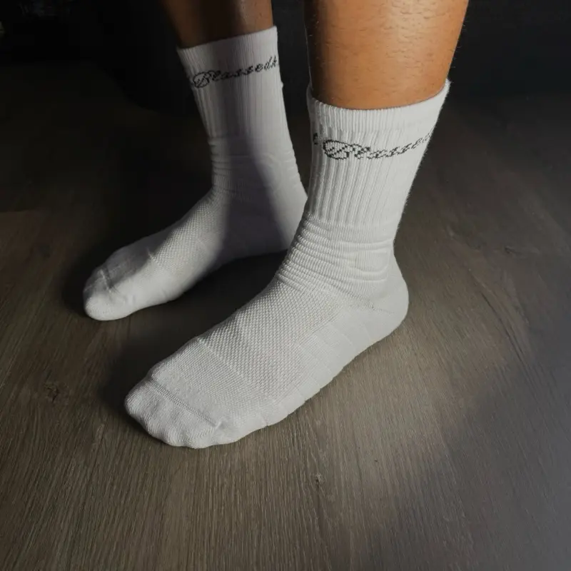 BLXSSEDKXD Athletic Socks - White Crew Length with "Blessed" Text Design for Athletic Use