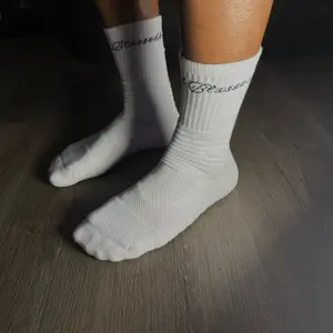 BLXSSEDKXD Athletic Socks - White Crew Length with "Blessed" Text Design for Athletic Use