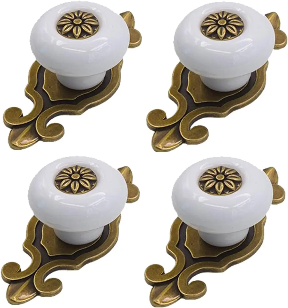 Retro Ceramic Cabinet Knobs, [4 Pack] Vintage Antique Drawer Knobs with Backplate, Cabinet Pull Handles for Kitchen/Dresr/Cupboard/Wardrobe, White