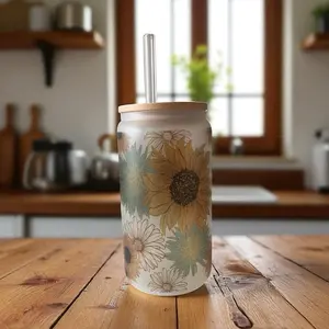 16oz Frosted Sunflower Glass Cup with Lid and Straw - Stylish Floral Design for Everyday Use