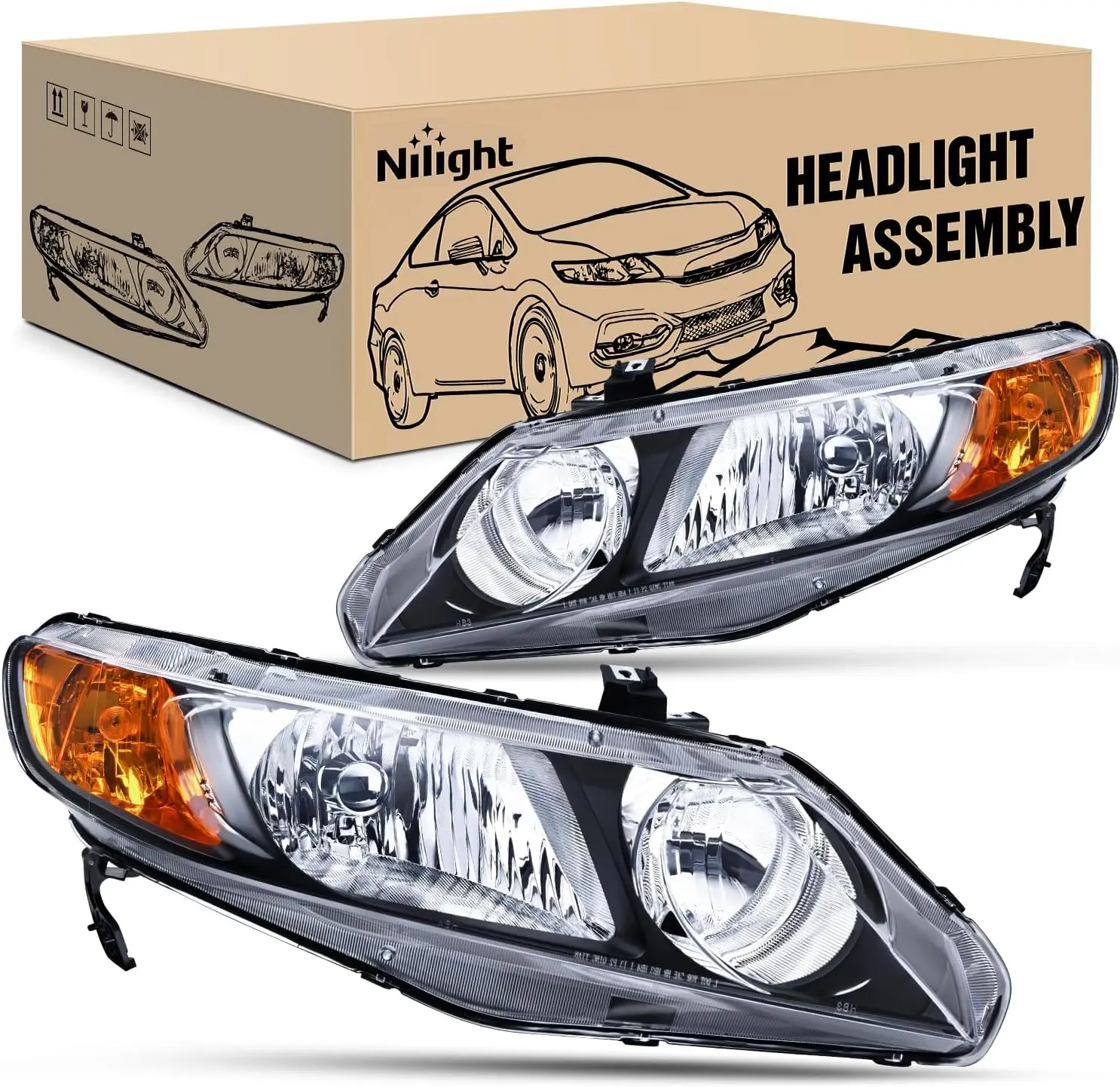 Nilight Vented Car Headlight Assembly Replacement for 2006-2011 Honda Civic 4-Door Amber Sedan, Driver & Passenger Side, Black Housing with Amber Reflector, Headlight Vented