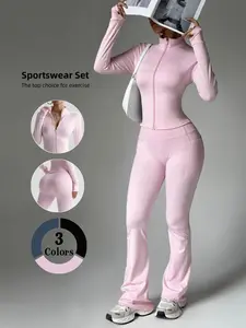 Women's High-End Style Fitness Set, Slimming Yoga, Gym Clothing, Tight Shaping Jacket + High Waist Wide Leg Pants, Multiple Colors Available