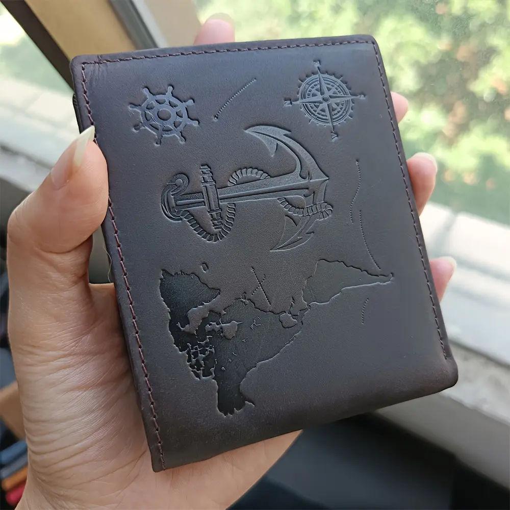 NIUCUNZH Men's Genuine Cowhide Short Wallet - Foldable, Chic, Compass Geometric Pattern, World Map Anchor Ship Wheel Design, Compartmental Structure, Multiple Card Slots, Large Capacity, Coin Holder, Casual Adult Accessory