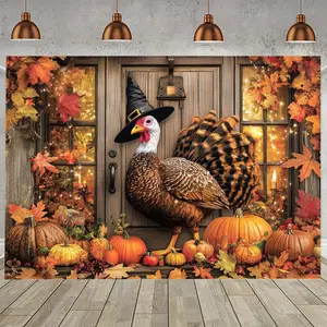 1pc Extra Large Autumn Party Backdrop Banner - Cozy Fall Atmosphere with Turkey, Pumpkins & Fall Foliage, Polyester Photo Background for Seasonal Decorations & Studio Props, Festive Event Decor | Festive Atmosphere | Durable Decoration Ornaments White