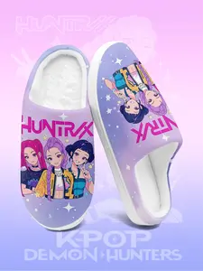 Men's K-po Inspired Hunters Print Slippers, Cozy Home Shoes with Anime Cool Print, Warm Home Couple Slippers for Indoor & Winter, Soft Comfortable Sole Casual Fashion Footwear for Daily Wear and Gift