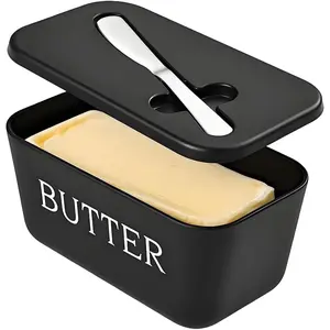 Large Plastic Butter Dish With Lid And , Grade PP Butter Holder Keeper With Cover For Kitchen Refrigerator Black Butter Container