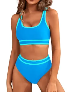 Women's Fashion Multi-Color Spliced Thin Strap Adjustable Bikini Top Triangle Pants Swimsuit, Beachwear Summer Vacation Swimwear Two-Piece Set Spaghetti Strap Swimsuit