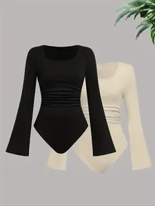 Women's Solid Ruched Flounce Sleeve Snap Closure Crotch Bodysuit, Elegant Basic Scoop Neck Long Sleeve Bodysuit for Fall & Winter, Ladies Clothes for Daily Wear, Long Sleeve Bodysuit, Womenswear