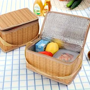 Portable Insulated Picnic Basket, Woven Bamboo Outdoor Food Storage Bag with Liner, Zipper Closure & Handle, Camping Travel Essentials