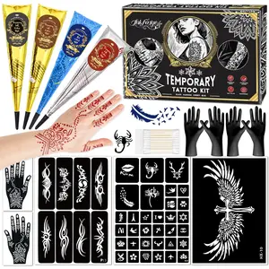 Temporary Tattoo Stencil Kit, 4 Pcs Tattoo Cones 4 Color (Black/Maroon/Cherry Red/Blue) 44 Tattoos Templates and Cotton Swabs, DIY Body Art Skin Painting Designs for Valentine's Gifts