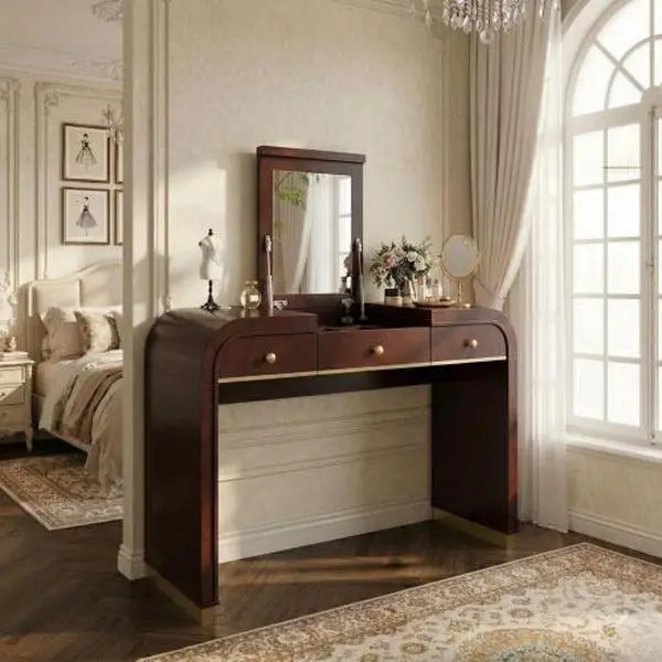 [Bellemave]Classic Wood Vanity Desk with Flip Mirror, 3-in-1 Dressing Table with 2 Drawers and Storage Space for Bedroom, Espresso