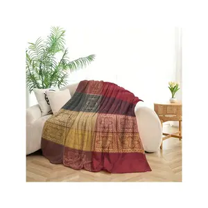 Elegant Vintage Patchwork Throw Blanket - Soft Cozy Decorative Blanket with Ornate Floral Square Patterns, Perfect for Sofa Couch Bed, Warm Boho Home Accent