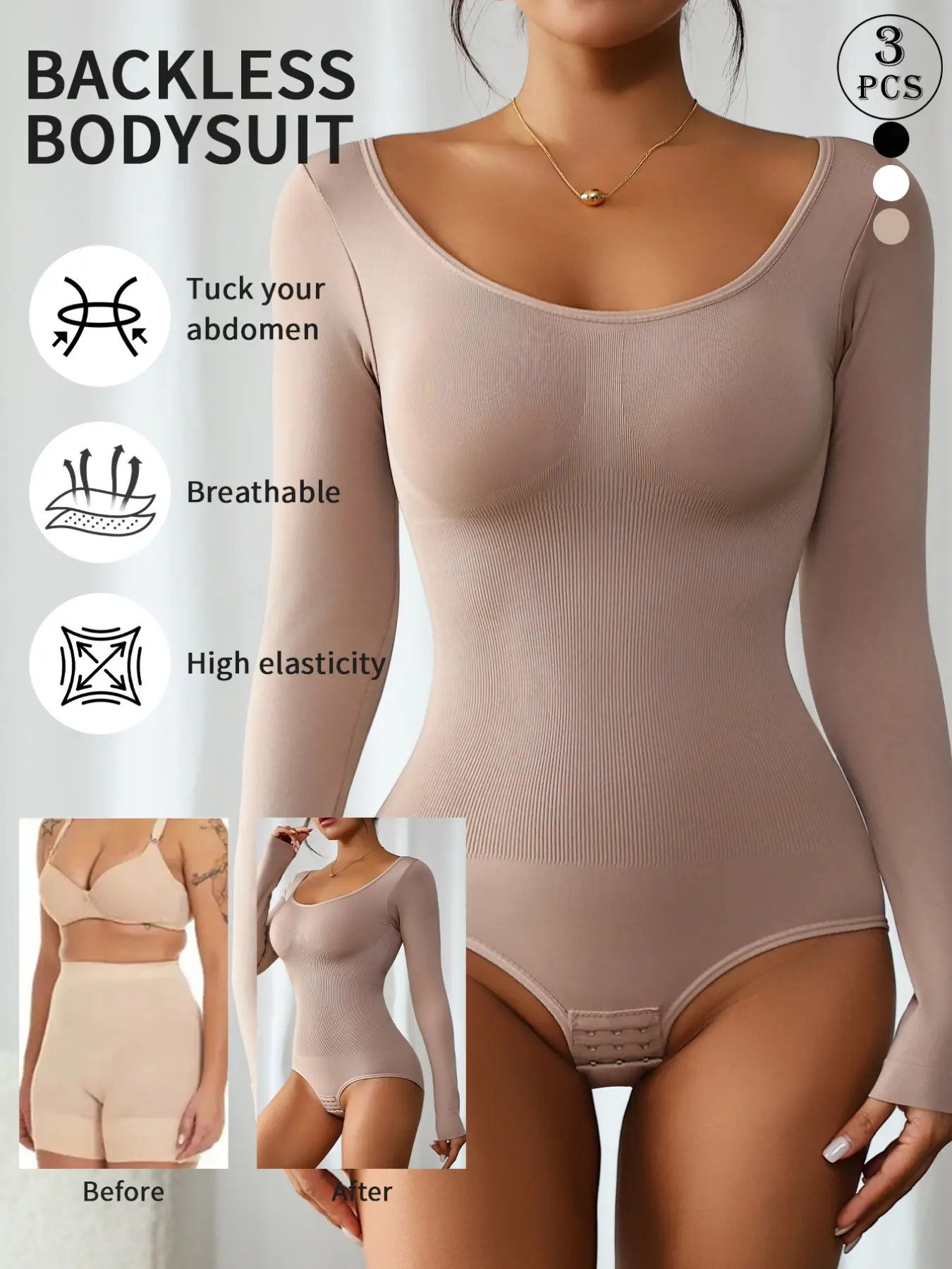 3 Pack Solid Color High Stretch Women's Autumn/Winter Casual Long Sleeve Jumpsuit Bottom and Inner Layer Crotch Buckle Tighten Abdomen and Buttocks No Underwear No Underwear Body Shape Solid Color One-Piece Shapewear for Women