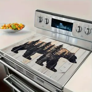 2D Flat, 1pc Stove Top Protector Cover - Vibrant Polar Bear & Pine Tree Design, Heat-Resistant Kitchen Decor, Fits Electric Stoves, Modern Home Accessory, Stove Top Protector |   Artistic Stove Cover |   Heatresistant Material, Stove Top Protector Cover