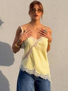 Women's Asymmetric Lace Slip Tops Spring Summer 2026 Black Yellow Blue Tops Sexy Satin Sleeveless Backless Top Women Elegant Y2K Camisole Fashion High Street Vest