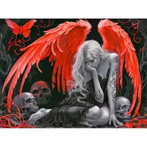 Gothic Red Winged Fallen Angel with Skulls 5D Full Drill Diamond Painting Kit Dark Fantasy Gothic Art DIY Cross Stitch Mosaic Craft Handicraft Edgy Home Wall Decor Handmade Gift for Gothic & Fantasy Lovers