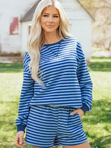 Women's 2 Piece Striped Outfits Casual Long Sleeve Top and High Waisted Shorts Set Lounge Sweatsuit Tracksuit with Pockets