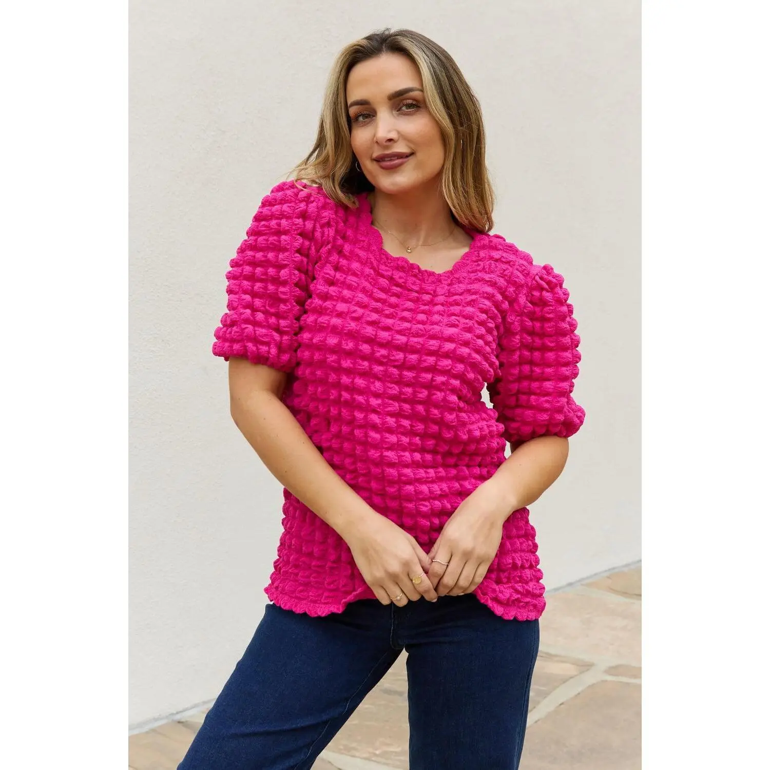 And The Why Full Size Bubble textured Puff Sleeve Top