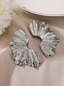 Stylish Pleated Half-Flower Earrings, Alloy Material, Geometric Irregular Textures, Versatile Accessories for Women, Elegant Jewelry Addition, All Seasons