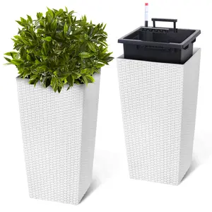 Set of 2 Tall Wicker Planters, Built-in Drainage with Detachable Liners, Heavy-Duty 22.5 & 24 Inch All-Weather Outdoor Flower Pots, Modern Large Decorative Planters for Front Door, Patio, Porch & Garden