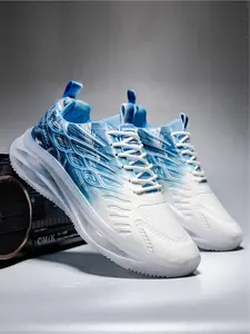 Men's White-Gray Gradient Plus Size Breathable Mesh Air Cushion Running Shoes, Athletic Running Shoes, Sport Style, Breathable Mesh + Full-Length Air Cushion + Streamlined Texture + Non-Slip Sole, Ideal for Daily Outfits & Sports