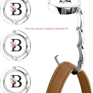 Personalized Initial Foldable Purse Hook for Table,Crushed Flower Letters Folding Purse Hanger,Purse Holder Handbag Hanger Collection Desk Table Bag Hooks Gifts for Women Bag