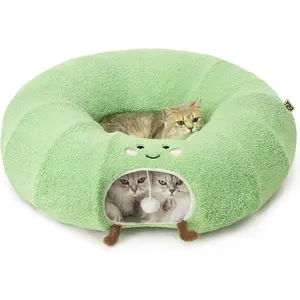 2-in-1 Cat Tunnel Bed with Washable Cushion – Cozy Donut Hideout & Play Tunnel for Kittens, Cats, Puppies & Rabbits – Interactive Pet Cave with Toys