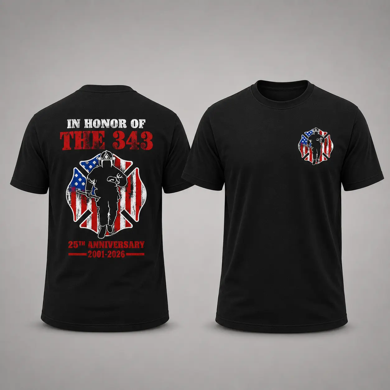 Men’s 343 Fallen Firefighters 25th Anniversary Short-Sleeve Graphic T-Shirt, 9/11 American Flag Memorial Tribute Tee, 2001–2026