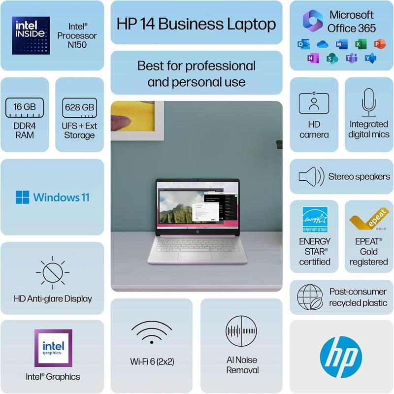 HP 14 Laptop Student Business 2026 Flagship Computer, AI Copilot, 4-Core 13th Gen Intel CPU, UP TO 16GB RAM 128GB UFS 1-Yr Office 365 Long Battery Win 11S Lavender
