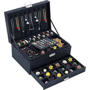 Jewelry Box for with Drawer, 3-Layer Large Jewelry Organizer with Lock & Key, 8 Necklace & 56 Earring Holes, Black Velvet Jewelry Box for Necklaces Earrings Rings Bracelets