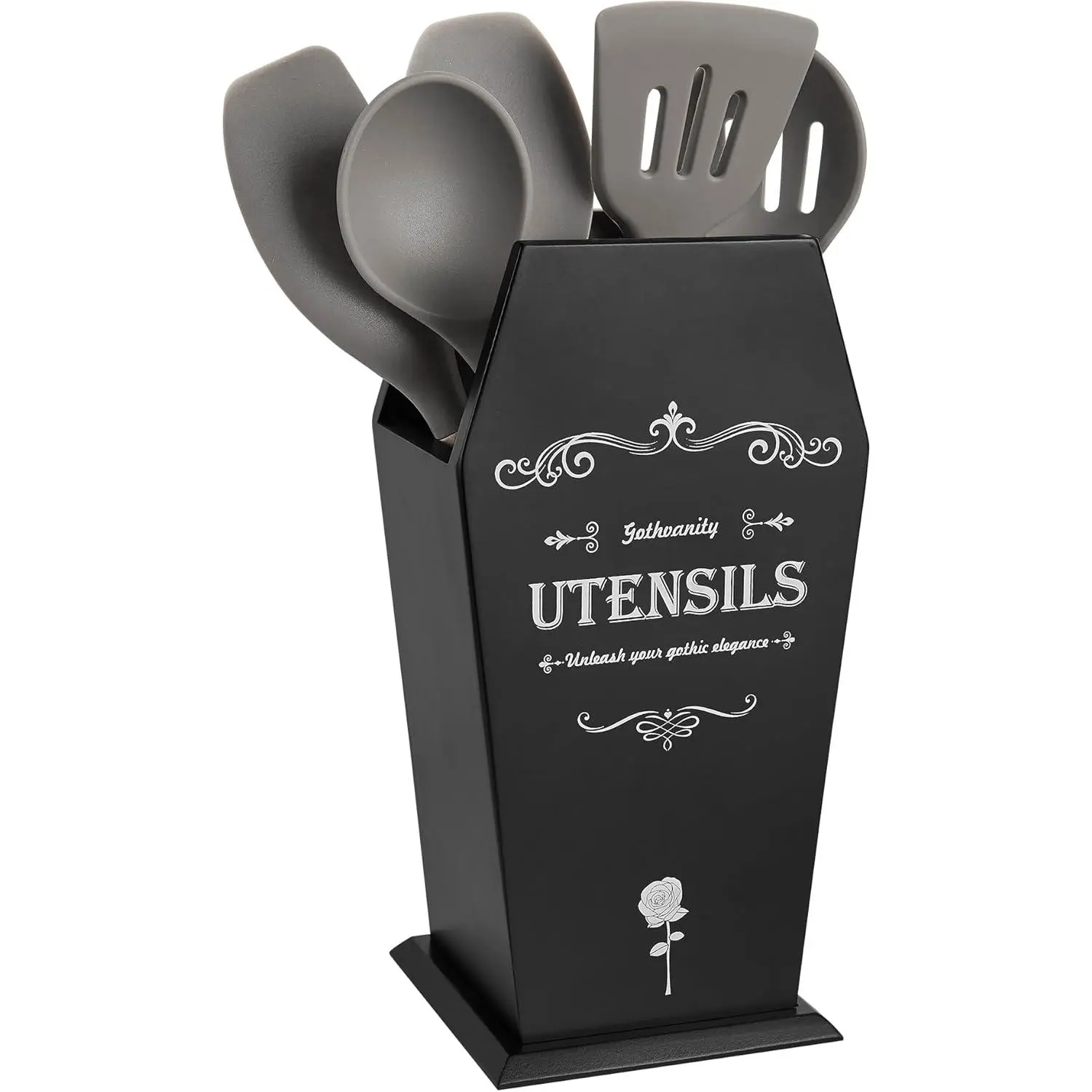 Coffin Utensil Holder, Gothic Kitchen Organizer, Large Wood Stable Utensil Caddy, Mutifunctional Kitchen Decor-Black-12.5X8X5 inches