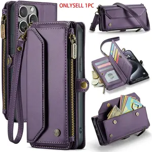 Leather Zipper Wallet with Card Slots and Lanyard, Multi-Functional Shockproof Protector Phone Case Cover Protection for iPhone 17 Pro Max 17 17 Pro 16 Pro Max 15 14 13 12 11 Accessories