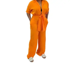 Elegant Two Pieces Ladies Casual Outfit in Orange with Tie Front Collar, Wide Leg Pant & Drawstring Pockets - Comfortable Fit for Summer and Autumn