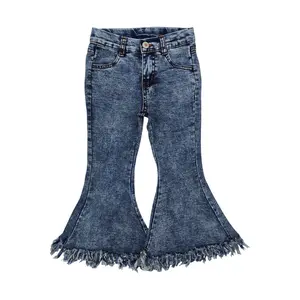Girls' Mid-Waist All-Seasons Denim Bell Bottoms Jeans - Kids' Fashion Bottoms with Tassel Edge Detailing