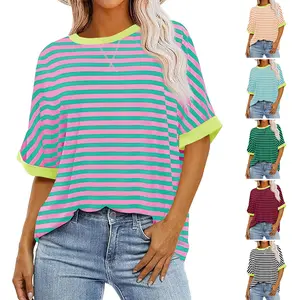 Danedvi Women's Striped Oversize Crew Neck Half-Sleeve Color Block Tunic Tee, Casual Baggy Summer Women's Top, Black