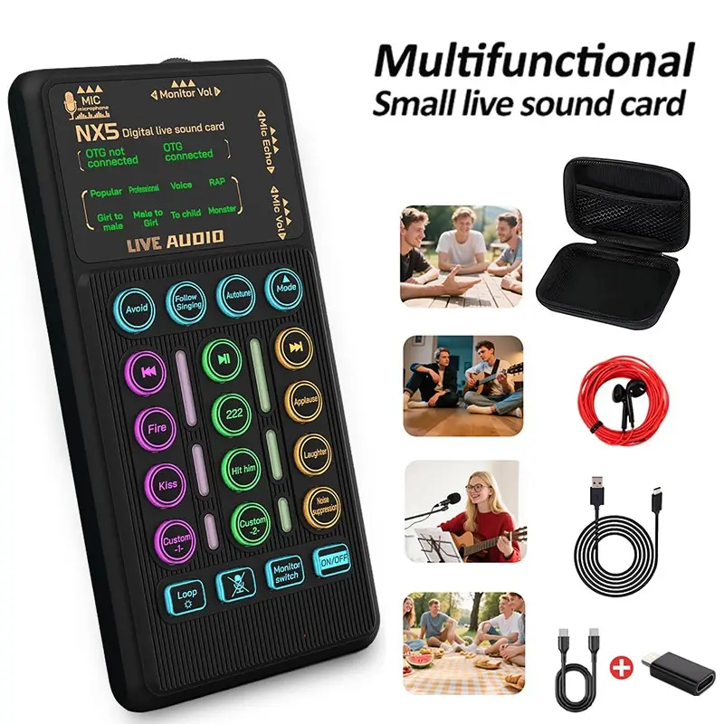 Sound Card Kit, Sound Board, Podcast Equipment Kit, Audio Mixer Package, USB Audio Mixer with 9 Sound Effects, Voice Changer & Reverb, Bluetooth/AUX Input, Condenser Mic & Headphone, Compatible with Phone PC Laptop, Ideal for Podcast, Singing, Recording