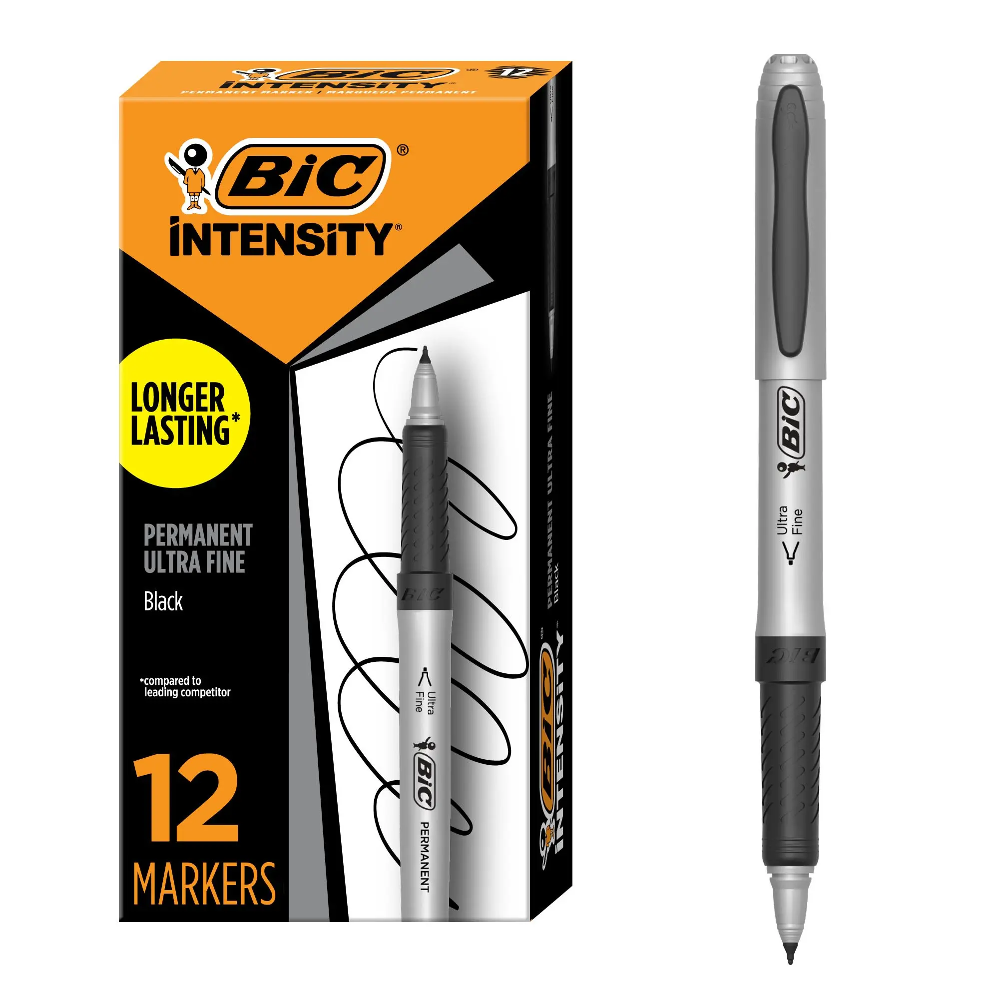 BIC Intensity Permanent Markers - Black, Ultra Fine Tip, 12-Count Pack with Non-Slip Grip for Comfort & Control, Longer Lasting, Acid-Free Ink, ACMI-Approved for Brainstorming (Fine Tip Markers)