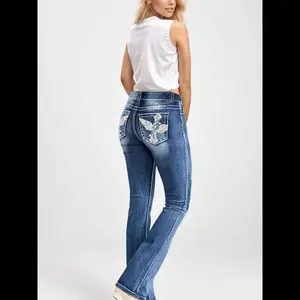 Waisted BootcutJeans Women, Embroidered Back Pockets Washed Blue Jean, Bell Bottoms Jeans, Casual Fashion All Season Womenswear Bottom