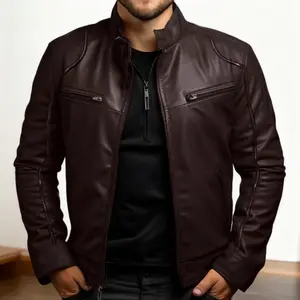 Men's Solid Leather Jacket - Stand Collar Style for Autumn jackets