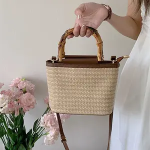 Small Woven Straw Handbag with Bamboo Handle Crossbody Shoulder Bag with Strap Tote Bag for Women