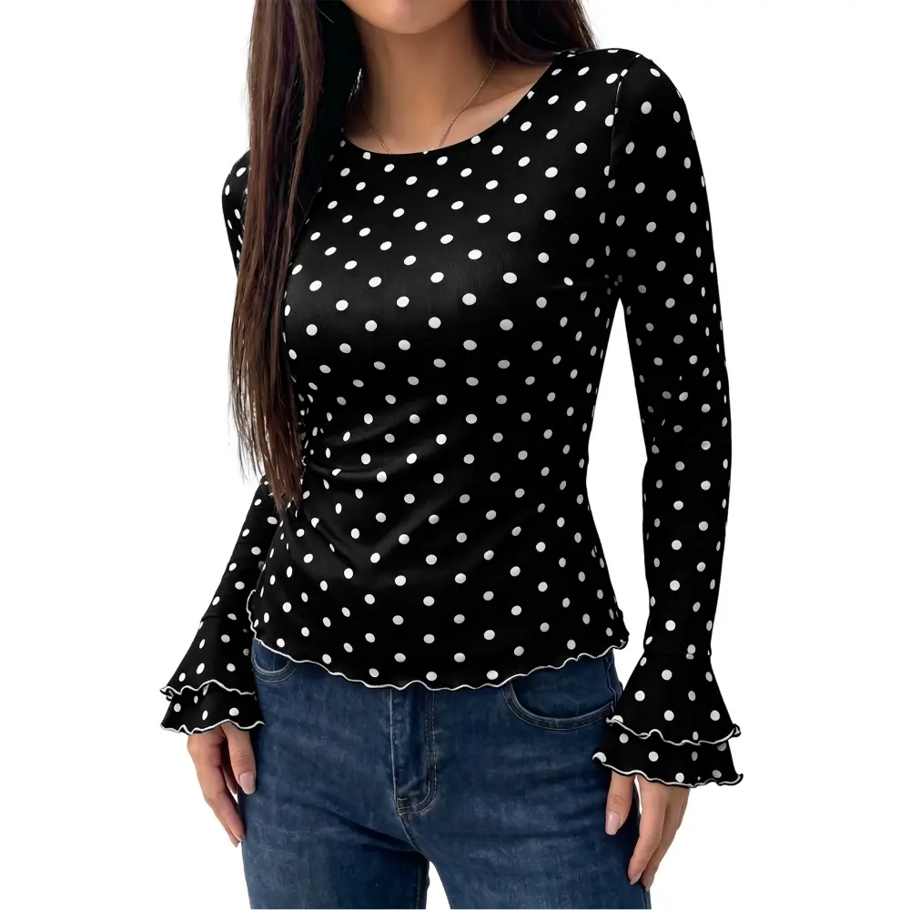 Dokotoo Long Flared Sleeve Tops for Women Casual Vintage Crewneck Printed Ruffle Slim Fit Blouse Fall Clothes