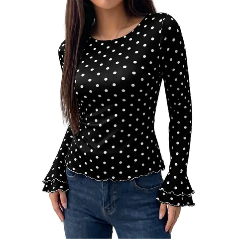 Dokotoo Long Flared Sleeve Tops for Women Casual Vintage Crewneck Printed Ruffle Slim Fit Blouse Fall Clothes