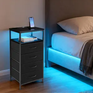 Smart Nightstand with Charging Station - 5 Fabric Drawers & LED Light Strip, USB/Type-C Ports for Bedroom