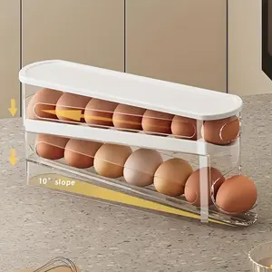 12-14 Eggs Automatic Double-Layer Sliding Egg Storage Container, Hinged Design, Fresh Egg Keeper, Plastic Material, Non-Contact with Food, with Refrigerator Space Saver Egg Rack for Kitchen
