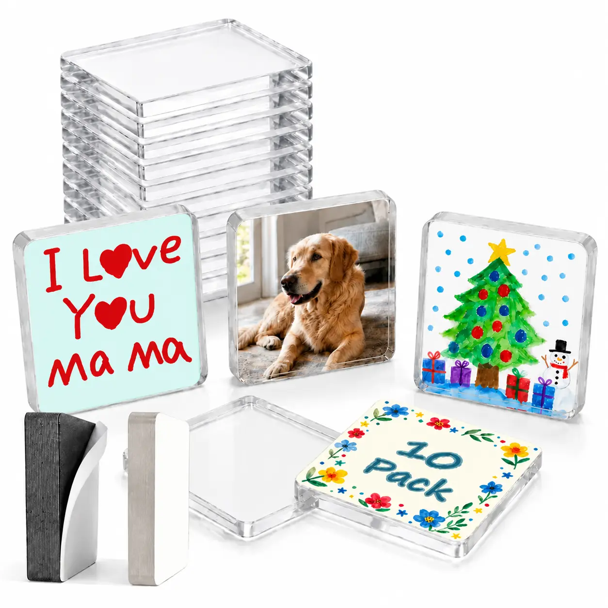 10 Pack 2"x2" Clear Acrylic Magnetic Photo Frames, DIY Square Fridge Magnets with Adhesive Backing, Blank Picture Magnet Blanks for Custom Photos, Artwork, Crafts, Kitchen Decor, Classroom Projects, Office, College Dorm and Back to School Essentials