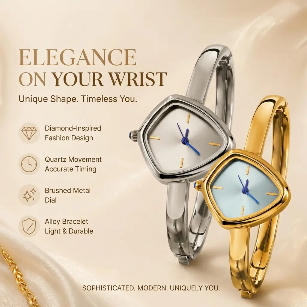 Women's Geometric Diamond Shape Dial Quartz Wrist Watch, Gold-Silver Alloy Band Casual Fashion Wristwatch, Accurate Timing Dress Watch with Gift Box, Ideal Birthday Accessories for Women, Built-In Cells