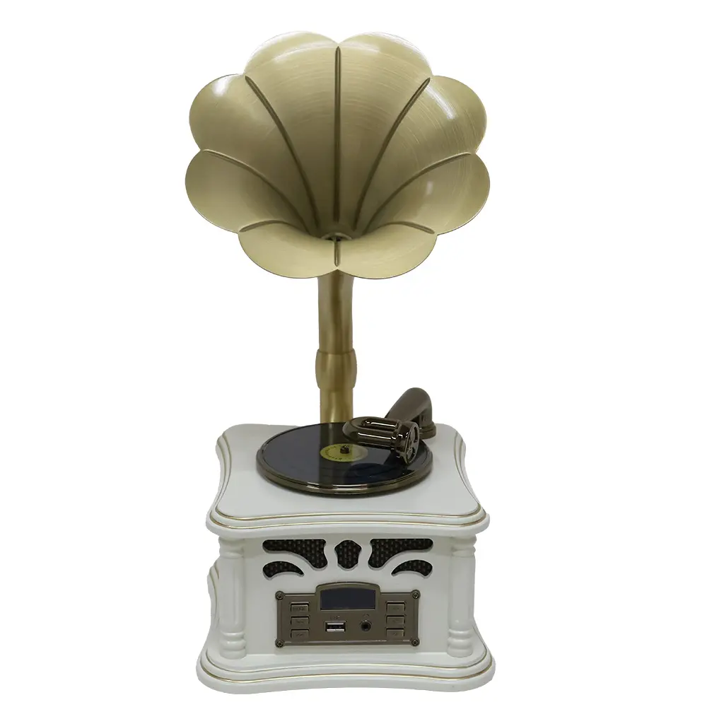 Mini Wooden Vintage Phonograph Speaker System - White Retro Stereo Speakers with USB/Aux Inputs, Auxiliary Input, Classic Aesthetic, Rustic Decor for Living Room, Office, Music Lovers, Auxillary Input